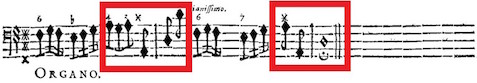 Esempio 8: Brossard, Elévations et Motets à I, II &amp; III voix, Paris, Ballard, 1699, p. 48-49.