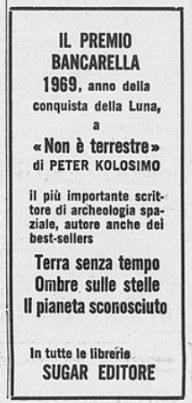 Figura 4. Box promozionale di annuncio del Premio Bancarella assegnato a Non è terrestre, La Stampa, 7 settembre 1969, p. 15.