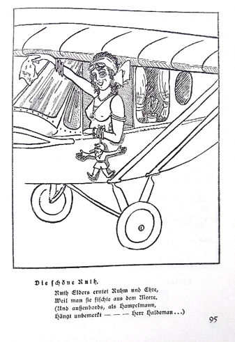 Fig. 7 and 8: Caricatures of a transport pilot and the American aviatrix Ruth Elder drawn by the German aviator Ernst Udet in 1928