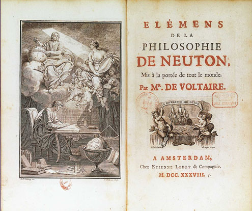 Fig. 4. Illustration et page de titre des Éléments de la philosophie de Neuton 