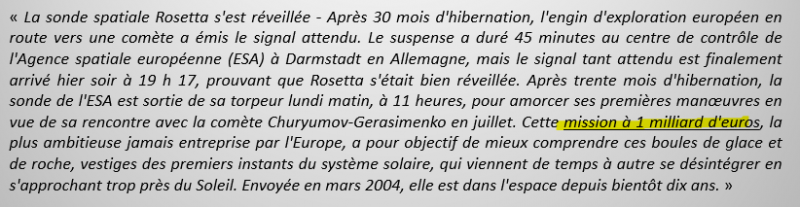 (Fig. 3). Extrait de l’article du Figaro, « La sonde spatiale Rosetta s’est réveillée ».
